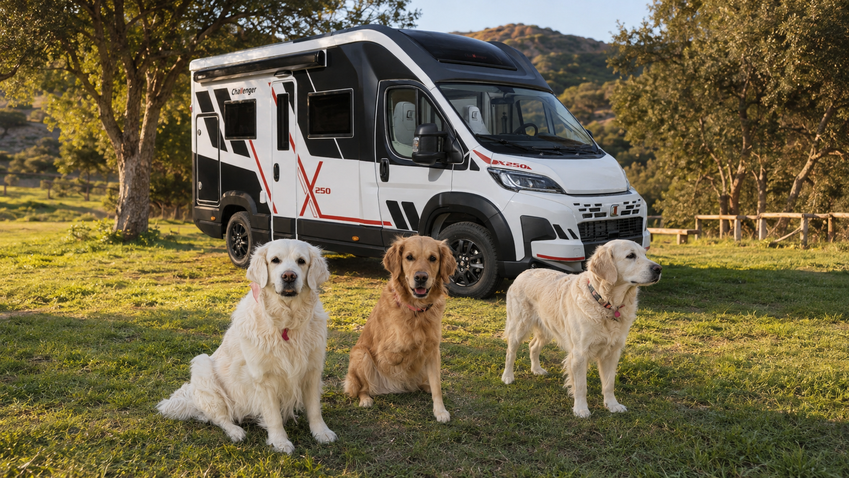 Tres perros descansando en la hierba delante de la Challenger X250; la perra dorada del centro tiene tres patas