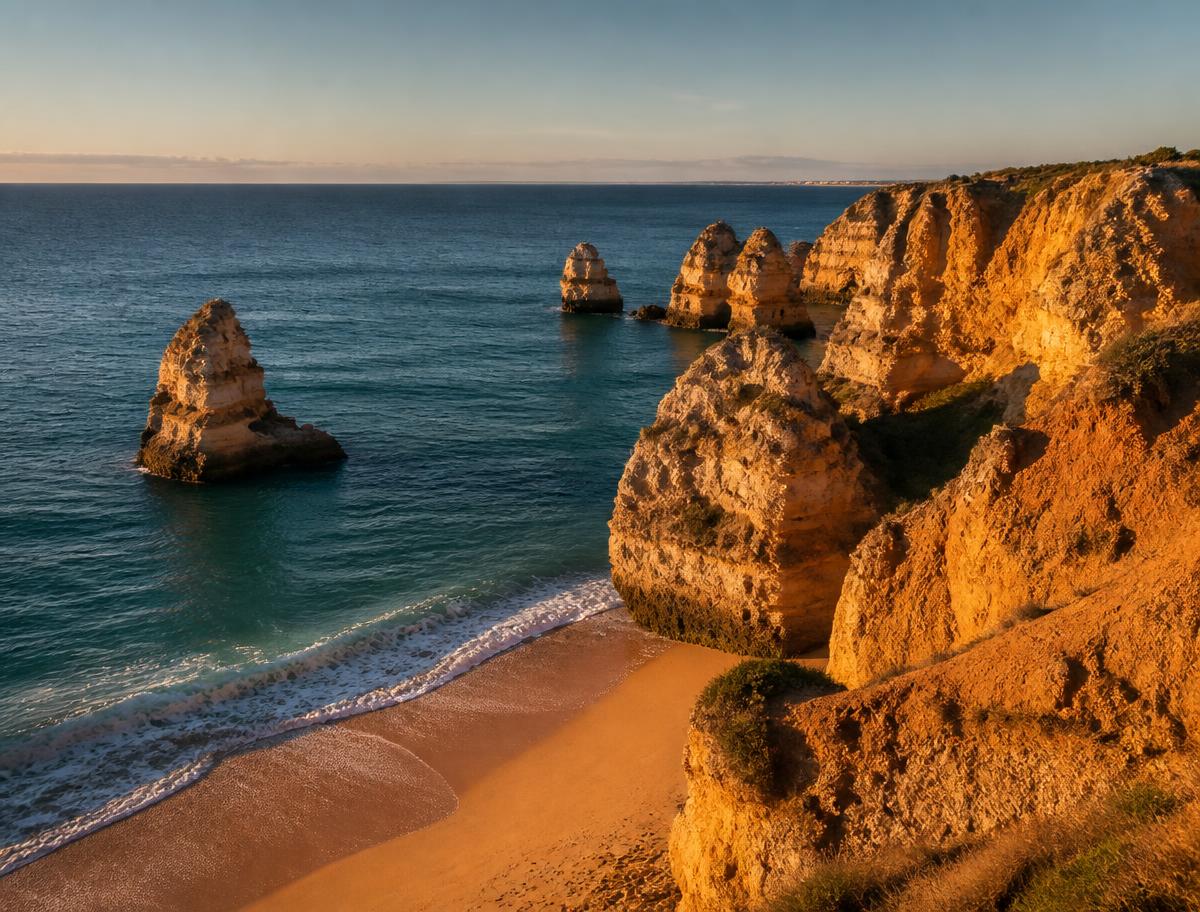 Acantilados dorados del Algarve junto al mar al atardecer