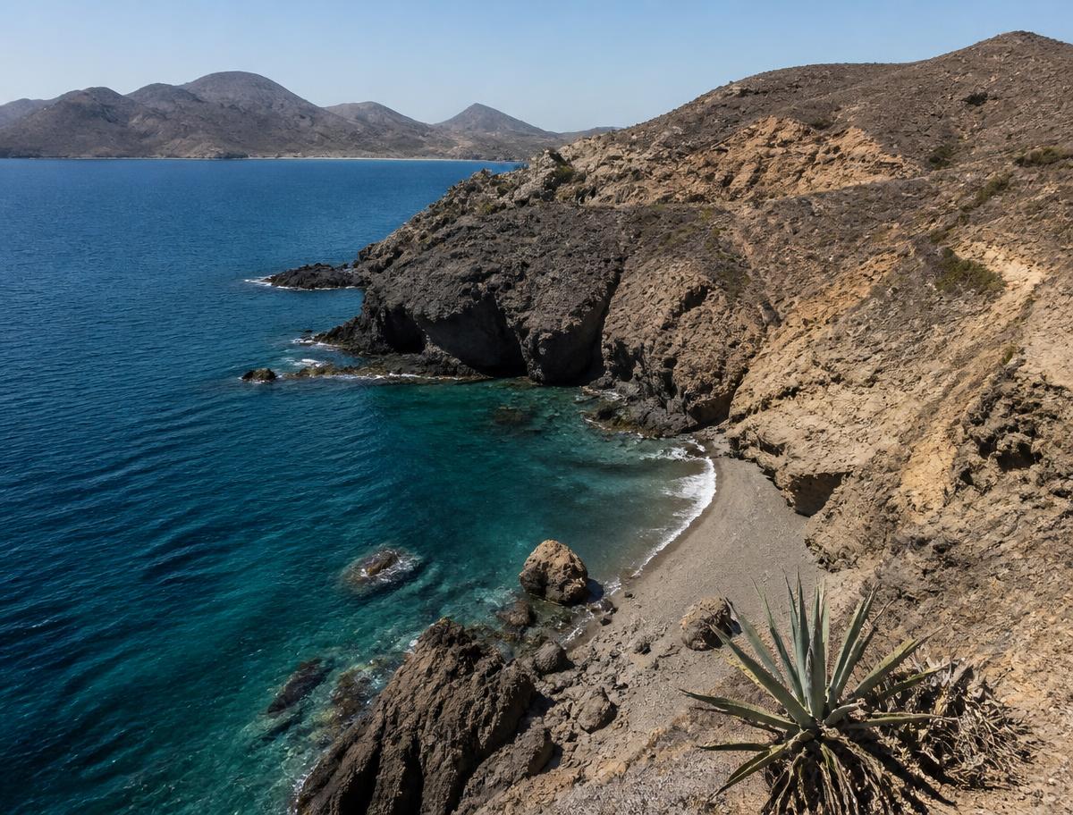 Cala de aguas turquesa entre rocas volcánicas en el Cabo de Gata