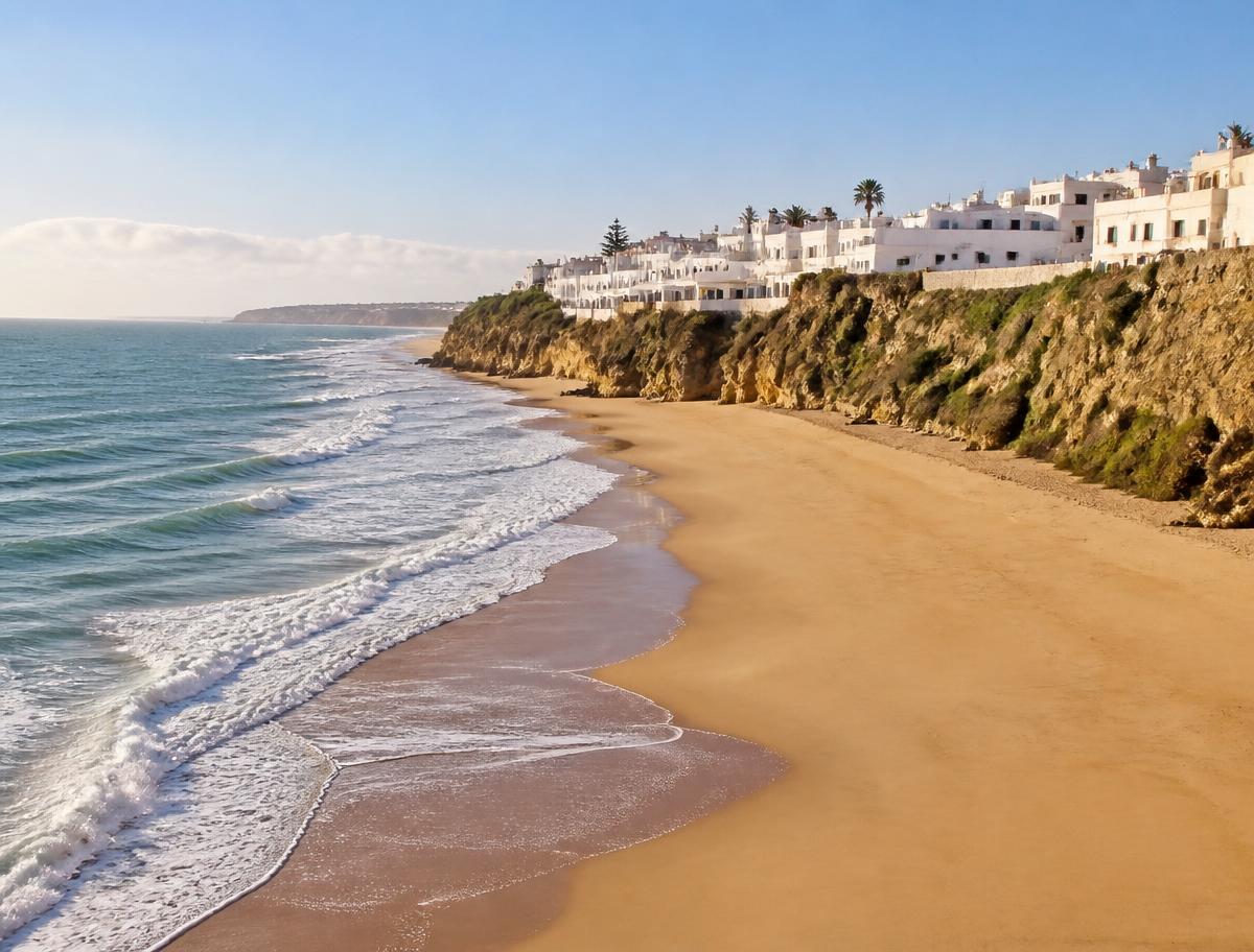 Playa atlántica de la Costa de la Luz con un pueblo blanco sobre el acantilado